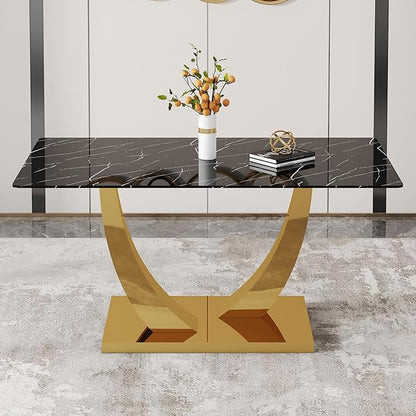 AZmac 63'' Black Dining Room Table for 4-6, Faux Marble Dining Table with Gold Base, Rectangle Kitchen Table with Tempered Glass Top for Kitchen Dining Room
