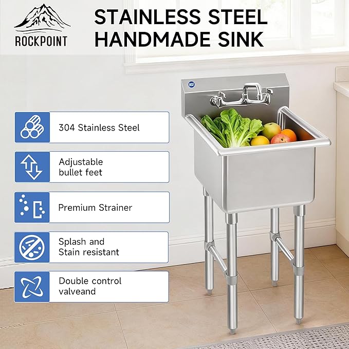 ROCKPOINT Stainless Steel Prep & Utility Sink with 8" Faucet, 1 Compartment Commercial Handmade Sink with 15" D x 15" W x 12" H Bowl for Restaurant,Kitchen,Laundry,Hotel and Home