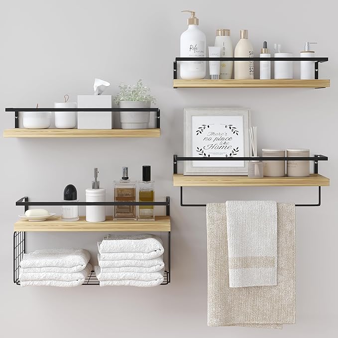 Wood Floating Shelves Wall Mounted - 4+1 Tier Rustic Bathroom Wall Shelves Over Toilet with Wire Storage Basket and Towel Bar, Set of 4 Farmhouse Floating Shelf for Bathroom, Kitchen, Bedroom.