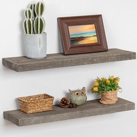 FLYJOE Floating Shelves, 8 Inch Deep Rustic Solid Reclaimed Wood Wall Shelves for Storage, Wall Mounted Display Shelving with Invisible Heavy-Duty Metal Bracket, 24 Inch Width Set of 2, Cement Grey