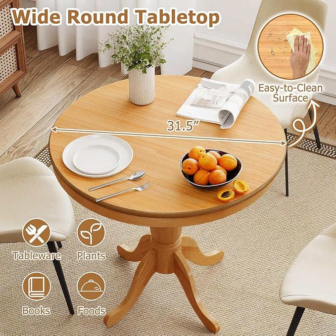 Giantex Round Dining Table for 2-4 People, 32" D X 30" H Wooden Kitchen Table with Spacious Tabletop, Pedestal Base, Leisure End Tables for Bar, Kitchen, Dining Room, Restaurant, Natural