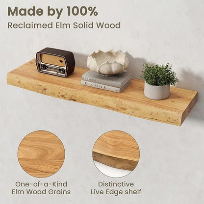 Fun Memories Floating Shelves for Wall Decor Set of 2-32 Inch Solid Elm Wood Live Edge - Rustic Natural Wall Shelves with Invisible Brackets - for Living Room, Bedroom, Kitchen - Natural Finish