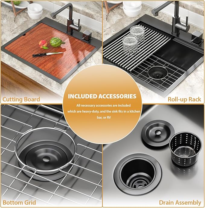 Mocoloo 21 Inch Drop in Bar Sink with Faucet, 21x20 Black Topmount Kitchen Sink - Stainless Steel Single Bowl Workstation with Pull-Out Faucet