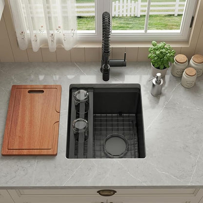 Kitsitchen Black Undermount Bar Sink,16 Inch Black Stainless Steel Bar Sink,Small Bar & Prep Sinks,Single Bowl 16 Gauge T-304S Stainless Steel Workstation Sink for Wet Bar Area(16" X 18"X 10")