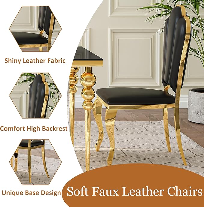 Luxurious 7 Piece Dining Table Set, 70 Inch Black Glass Kitchen Table and 6 Black Petal Back Chairs with Gold Stainless Steel Legs, for Dining Room, Living Room, Restaurant