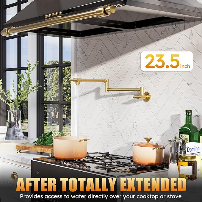 WOWOW Pot Filler Faucet Brushed Gold, Solid Brass Pot Filler Wall Mount Kitchen Stove Faucet with Double Joint Swing Arms