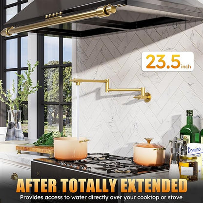 WOWOW Pot Filler Faucet Brushed Gold, Solid Brass Pot Filler Wall Mount Kitchen Stove Faucet with Double Joint Swing Arms