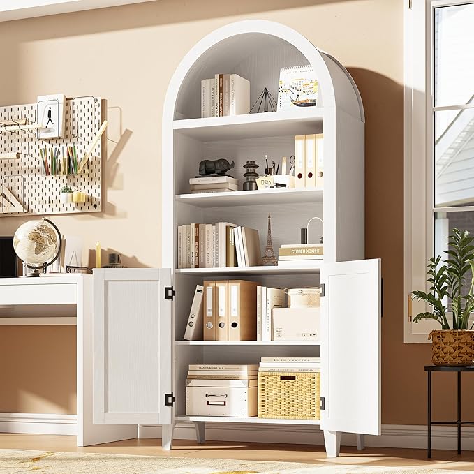 IDEALHOUSE Arched Kitchen Pantry Cabinet with Doors - 5-Tier Open Display Shelf with Rattan Decor, Farmhouse Storage Cabinet for Kitchen, Dining Room, Living Room, White
