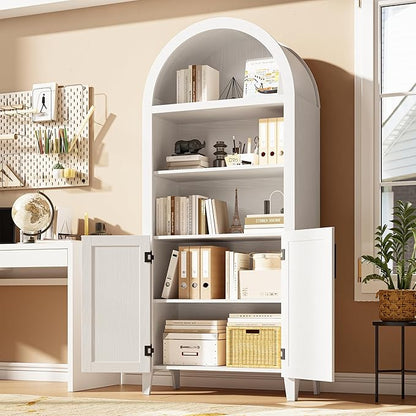 Garvee Arched Kitchen Pantry Storage Cabinet - 5-Tier Open Display Shelf with Rattan Decor, Farmhouse Storage Cabinet for Kitchen, Dining Room, Living Room, White