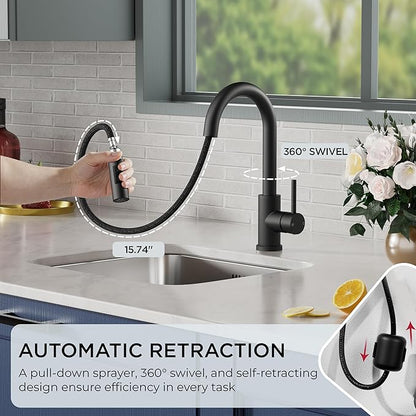 FORIOUS Black Bar Sink Faucet for Kitchen Sink, Modern Single Handle Kitchen Faucet with Pull Down Sprayer, Stainless Steel High Arc with Deck Plate for 1 or 3 Hole, Suitable for Bathroom RV Camper