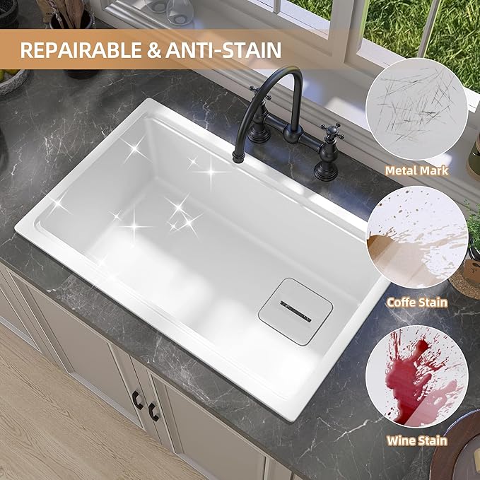 33 in. White Undermount Workstation Kitchen Sink Granite Composite Drop-in Sink Deep Modern Farmhouse Sink Single Bowl 33x19 with Accessory Kit