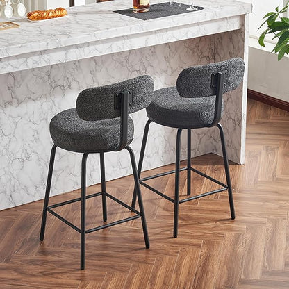 Swivel Bar Stools Set of 2, Upholstered Counter Height Bar Chairs with Metal Legs Footrest, 360° Swivel Bar stools for Kitchen Island, Dining Room, Dark Grey