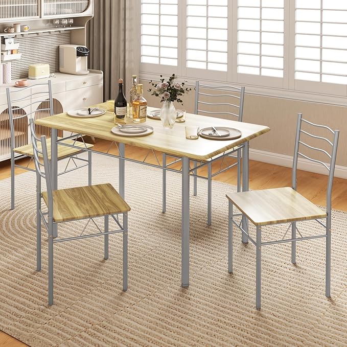 Giantex Modern 5 Piece Dining Table Set for 4 Chairs Wood Metal Kitchen Breakfast Furniture (Natural)