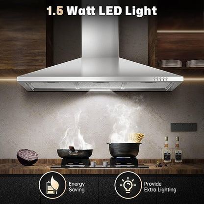 SNDOAS 36 Inch Range Hood, 450CFM Wall Mount Stainless Steel Kitchen Vent Hood - 3-Speed Exhaust Fan, Ducted/Ductless Convertible, Chimney-Style Stove Hood, LED Light & Push Button Control
