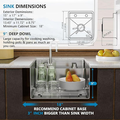 15 Inch Undermount RV Kitchen Sink Workstation - Fulorni 15"x17" Outdoor RV Mobile Camper Wet Bar Prep Sink 16 Gauge 304 Stainless Steel Single Bowl Basin with Foldable Faucet