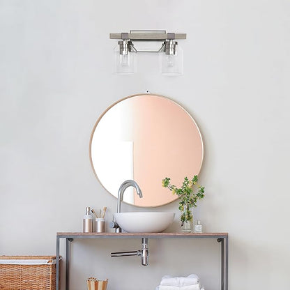 Elegant Designs VT1019-GRY 14" Country Farmhouse Gray and Brushed Nickel Decorative 2 Light Wall Mounted Metal Vanity Fixture with Clear Glass Shades