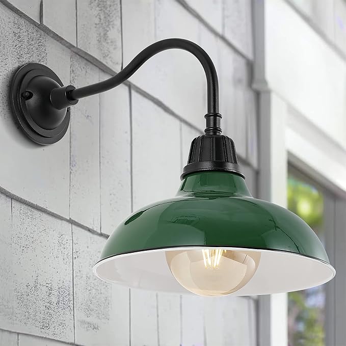 JONATHAN Y 12.25" Green/Black Farmhouse Industrial Outdoor Sconce, LED Gooseneck Wall Light for Porch, Metal Bowl Shade, Dimmable Vintage Exterior Fixture, LED Bulb Included (JYL7613F)