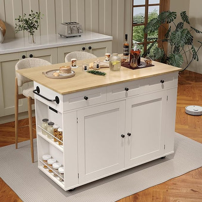 GarveeHome Rolling Kitchen Island with Drop Leaf Countertop, Charging Station & Ample Storage - 47.2 in Mobile Kitchen Cart On Wheels with Pull-Out Shelves, Drawers, Spice Rack & Organizer Divider