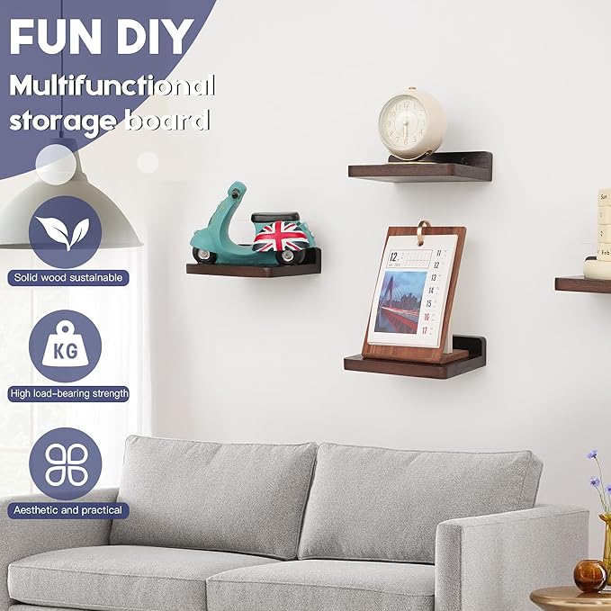 Small Floating Shelf, 5x6 Inch Display Ledges for Wall,Mini Shelves,Rustic Wood Shelf for Bedroom Living Room Bathroom Kitchen (6, Dark Walnut)
