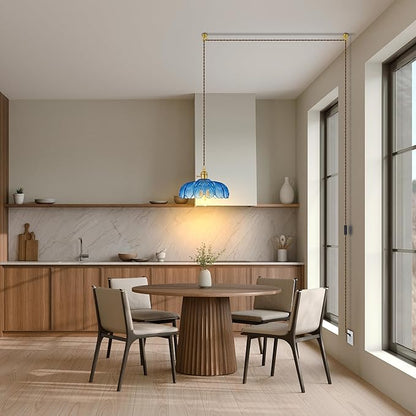 Plug-in Pendant Light Fixture, Hanging Light Fixture, Glass Pendant Light, Swag Lamp with Inline On/Off Switch for Kitchen Island, Bedroom, Dining Room, Living Room (Blue Lotus, Plug-in)