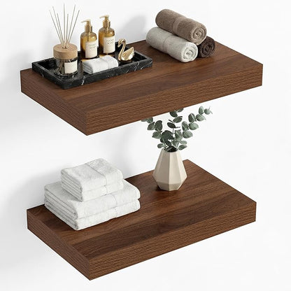 Heimlove 12 Inch Deep Floating Shelves, 16 x 12 inches Long Wall Shelf, Large Extra Display Shelf & Storage Shelf, Rustic Wood Wall Shelves for Fireplace Mantel, Walnut - 2Pack