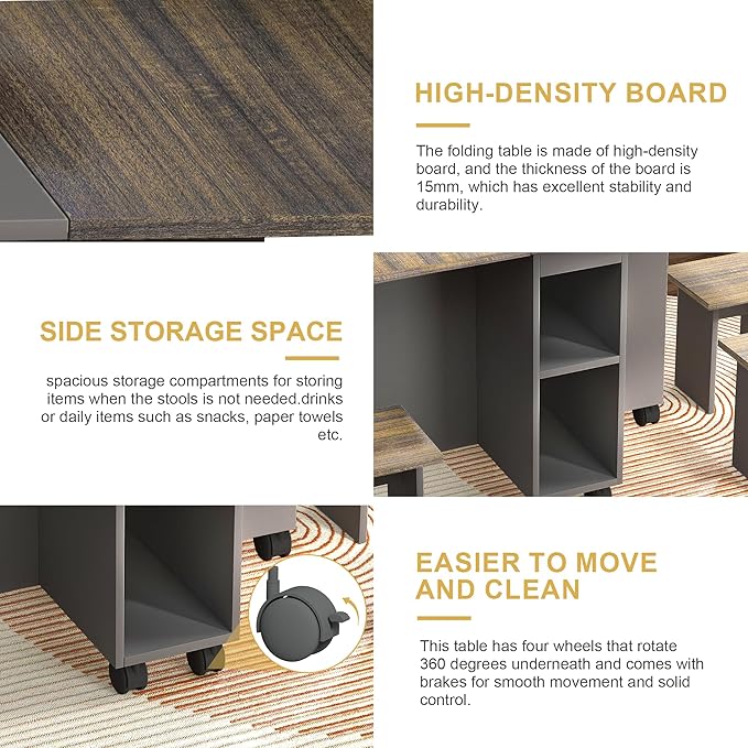 Folding Dining Table Set for 4, Dinner Table with 4 Chairs，Drawers and Shelves,Space Saving Foldable Dining Table with Wheels, Kitchen Table for Small Spaces