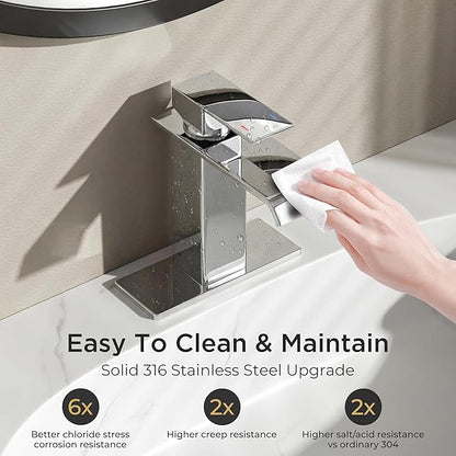 FORIOUS Bathroom Sink Faucets Chrome, Modern Waterfall Vanity Faucet 1 or 3 Hole Single Handle with Deck Plate and Drain, Suitable for Vanity Rv Camper Commerical