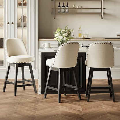 MALOL Swivel Bar Stool, Upholstered Fabric Mid Century Mondern Barstool, 26 inch Counter Height Bar Chair with Solid Back and Wood Legs, for Kitchen Island，Beige