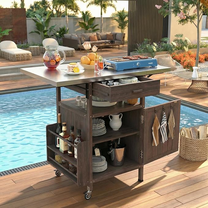 Casaphoria 40.5" Outdoor BBQ Grill Cart, tainless Steel Top Rolling Outdoor Kitchen Cart, Flip Board, Fir Wood Bar Carts with Towel Holder, Lockable Wheels for Patio Lawn Garden,Brown