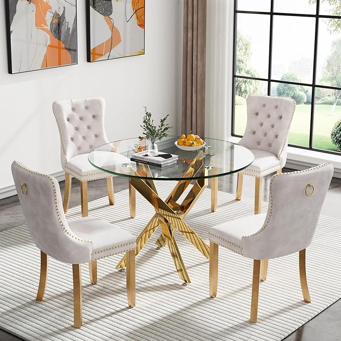 Henf 36" Glass Round Dining Table with X-Shape Metal Legs, Gold Kitchen Table for 2-4 People, Round Glass Dining Room Table for Small Space, Easy Assembly Circular Side Desk