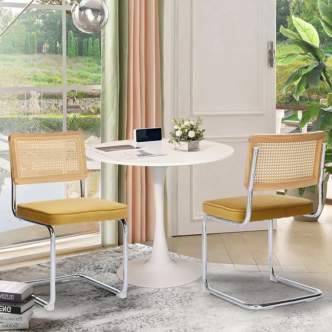 Rattan Back Dining Chairs Set of 2, Breuer Design Modern Upholstered Dining Room Chairs with Steel Frame for Dining Room, Kitchen Island,Velvet(Gold)