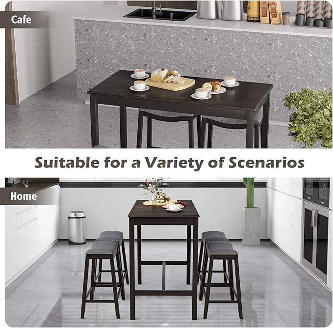 Giantex Dining Table Set for 4, Kitchen Counter Height Table w/ 4 Stools, 5 Piece Bistro Table Set, Rubber Wood Pub Dinette Set w/Upholstered Stools, Space-Saving Table Set for Small Spaces (Black)