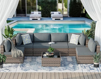 JAMFLY 7-Piece Outdoor Patio Furniture Set, Modular PE Rattan Sectional Sofa with Thick Cushions & Glass Coffee Table for Poolside, Balcony, Garden(Grey Cushion)