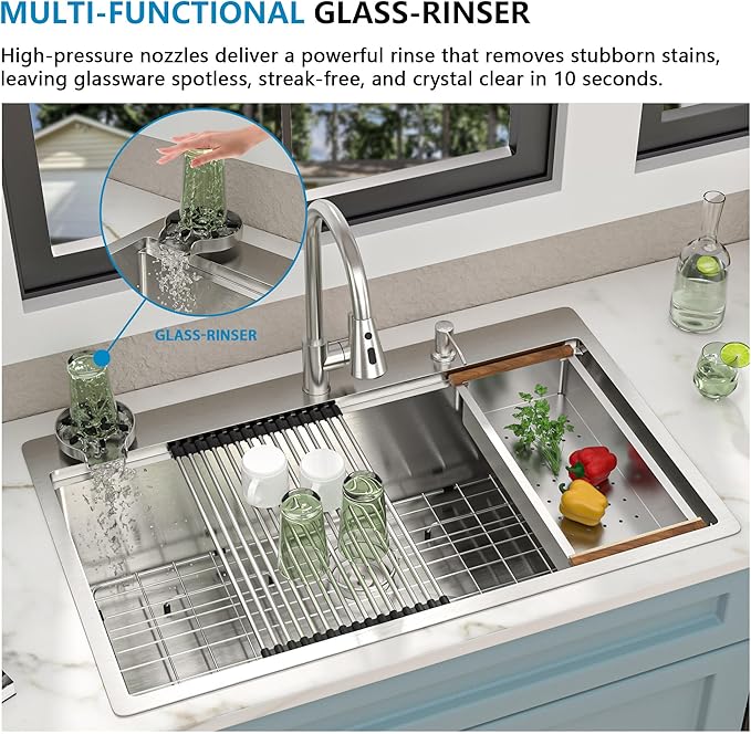 36"x22" Drop In Ledge Workstation Kitchen Sink – 16 Gauge 304 Stainless Steel Top Mount Overmount Single Bowl Sink Basin with Faucet Combo & Glass Rinser