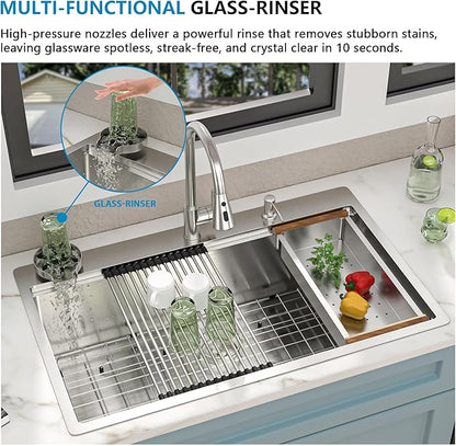 36"x22" Drop In Ledge Workstation Kitchen Sink – 16 Gauge 304 Stainless Steel Top Mount Overmount Single Bowl Sink Basin with Faucet Combo & Glass Rinser