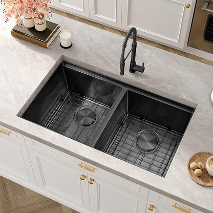 31 Inch Black Sink Undermount Double Bowl, 16 Gauge 50/50 Double Bowl Stainless Steel Workstation Sink, 31"x18"x9" Large and Deep Kitchen Sink With Accessories