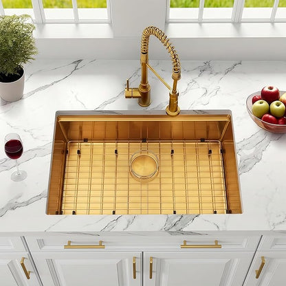 30 Inch Undermount Gold Kitchen Sink,16 Gauge Stainless Steel Kitchen Sink Single Bowl, 30"x19"x9" Ledge Workstation Sinks With All Accessories, Multi-Functional Workstation Sinks