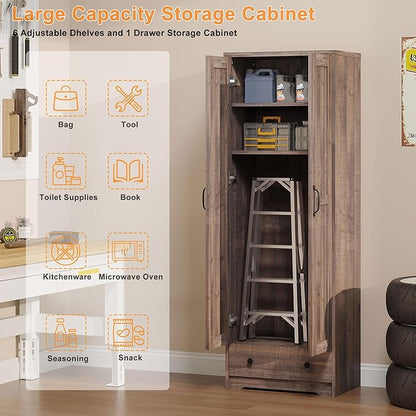 Decofy 70" Tall Storage Cabinets, Large Wood Storage Pantry Cabinet with 6 Adjustable Shelves, 2 Striped Doors & Drawer, Standing Utility Cabinet for Kitchen, Bathroom, Dining Room, Antique (Brown)