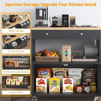 knoworld Rolling Kitchen Island with Storage Cabinet, 35.4'' Width Kitchen Cart, 2 Drawers Island Table, Portable Mobile Kitchen Island with Towel Rack, Wood Top and Lockable Wheels, Black