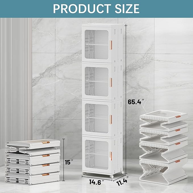 Tall Narrow Storage Cabinet with Transparent Doors and Movable Wheels,Plastic Foldable Storage Box for Small Space, Bathroom, Kitchen(4Tier,White)