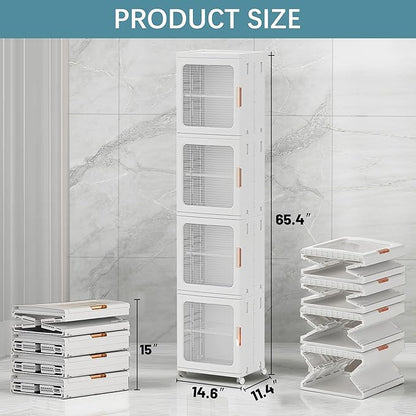 Tall Narrow Storage Cabinet with Transparent Doors and Movable Wheels,Plastic Foldable Storage Box for Small Space, Bathroom, Kitchen(4Tier,White)