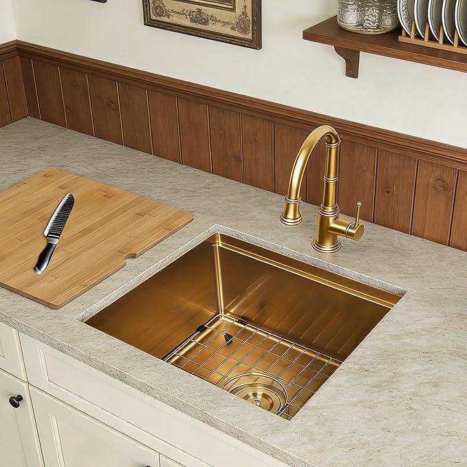 Gold Bar Sink Undermount,Small Bar & Prep Sinks,16 gauge Stainless Steel Bar Sink with Workstation for Wet Bar Area (18" X 18")