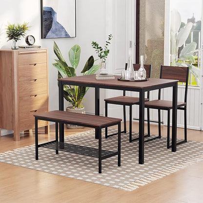 HOMCOM Industrial 4 Piece Dining Room Table Set with Bench Wooden Kitchen Table and Chairs w/Storage Rack for Kitchen, Dinette, Black/Brown
