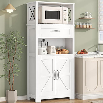 kepptory 55" Tall Kitchen Pantry, Farmhouse Storage Cabinet with Doors, Shelves and Drawer, Rustic Wood Cupboard for Kitchen, Dining Room (White)