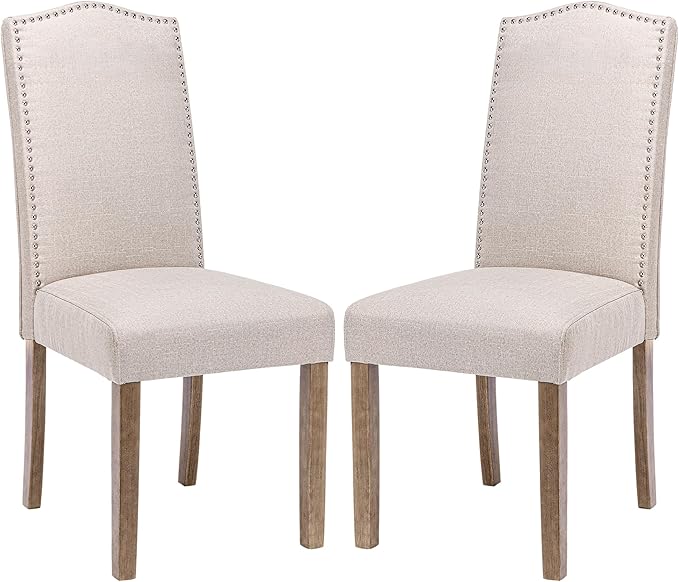 Upholstered Dining Chair Modern Stylish Parsons Kitchen Diner High Back with Silver Nailhead Trim & Wood Legs, Set of 2