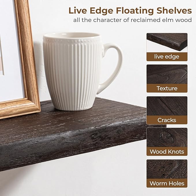Axeman 32 inch Floating Shelves for Wall - 8'' D Live Edge Rustic Solid Elm Wood Floating Shelves Wall Mounted, Wall Shelves with Invisible Bracket for Living Room Bedroom Kitchen, Set of 2 Walnut