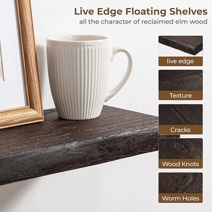 Axeman 32 inch Floating Shelves for Wall - 8'' D Live Edge Rustic Solid Elm Wood Floating Shelves Wall Mounted, Wall Shelves with Invisible Bracket for Living Room Bedroom Kitchen, Set of 2 Walnut