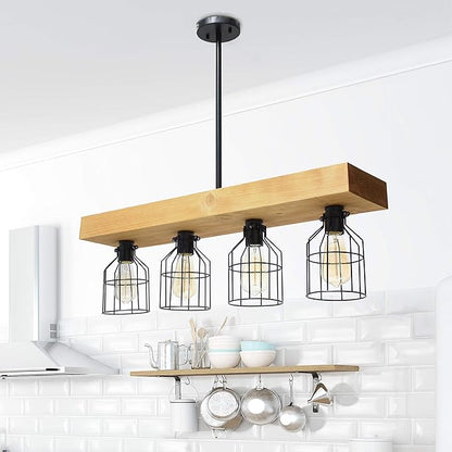 Elegant Designs CH1001-LWD 4 Light Rustic Farmhouse Industrial Wired Cage Pendant Island Light Chandelier, Light Wood