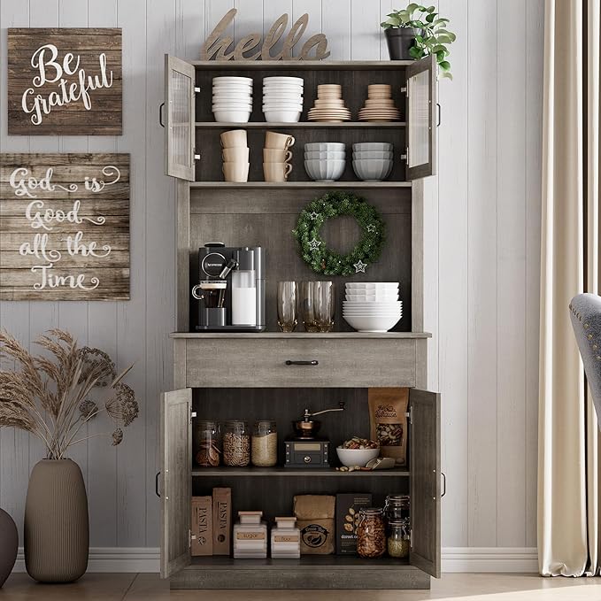 GarveeHome Kitchen Pantry Cabinet, 71 in Tall Kitchen Hutch Storage Pantry with Microwave Stand, Freestanding Buffet with Shelves and Glass Doors for Home Dining Room, Grey