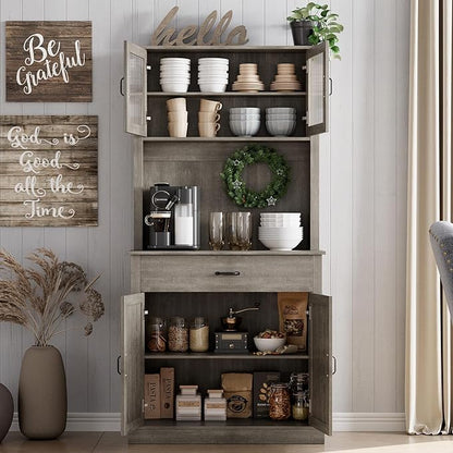 GarveeHome Kitchen Pantry Cabinet, 71 in Tall Kitchen Hutch Storage Pantry with Microwave Stand, Freestanding Buffet with Shelves and Glass Doors for Home Dining Room, Grey